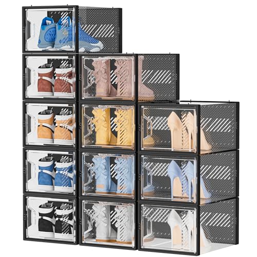 SIMPDIY Shoe Storage, 12 Pack X-Large Shoe Organizer for Closet, Shoe Boxes Clear Plastic Stackable Shoe Storage Boxes for Size 13 - color: Black