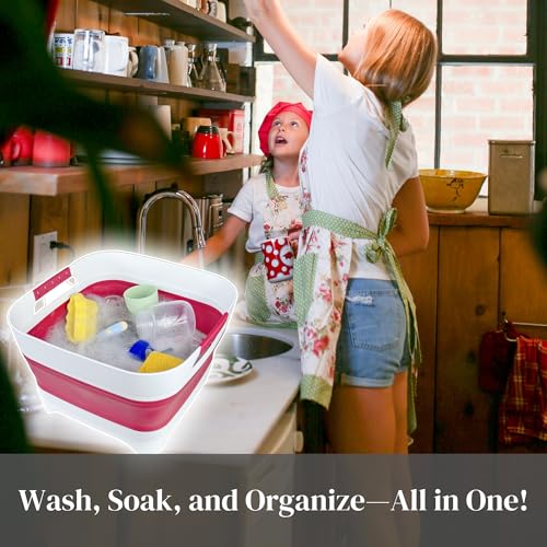 GIMWA 2.6 Gal(10L) Collapsible Camping Sink, Magenta Space-Saving Collapsible Dish Basin with Drain Plug for bottle washing, Collapsible Bucket for RV Essentials and Foot Soaking - color: Magenta