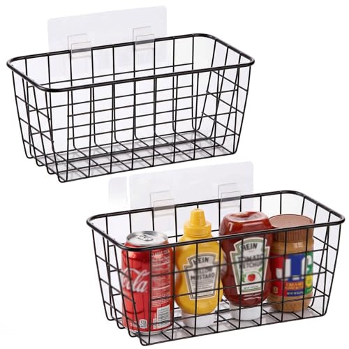2 Set Adhesive Hanging Wall Basket Inside Cabinet Door Organizer,Wall Storage Basket-No Drilling Adhesive wall Basket for Cupboard Door,Space-Saving Small Hanging Baskets for Wall Mount Storage,Black - color: Black, size: 2 PACK