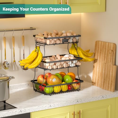 3 Tier Fruit Basket for Kitchen Counter with 2 Banana Hangers, Countertop Metal Fruit Bowl with Wooden Handle, Large Storage Stand for Vegetables, Snacks, Breads, Produce Storage – Black - color: Black, size: 3 Tier