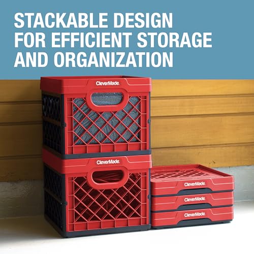 CleverMade Collapsible Milk Crate 25L (6.6 Gal), 50 lb Capacity Heavy Duty Folding Crate – Stackable Storage Crates with File Rails, Plastic Collapsible Crates - Red - color: Red, size: 1 Pack
