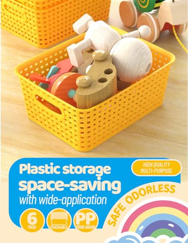 WYT 6-Pack Plastic Small Shelf Storage Weave Baskets Organizing for Cabinets and Pantries, Yellow - color: Yellow, size: 6-Pack