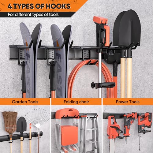 Garden Tool Organizer Wall Mount, 48 inches Tool Storage Rack with Adjustable Hooks, 600lbs Adjustable Heavy Duty Metal Hooks, Yard Shed Rack Holder System Hanging Rake Broom Mop, Father's day gifts - size: 48"