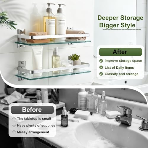 AIJALY 3 Pack Bathroom Glass Shelf,Aluminum Tempered Glass 0.3in Extra Thick Rectangular 1 Tier Storage Organizer Wall Mount,Silver 15.7in - color: Silver 3 Pack