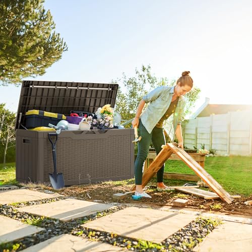 Greesum 100 Gallon Resin Deck Box Large Outdoor Storage, Imitation Rattan Weave Texture for Patio Furniture, Garden Tools, Pool Supplies, Weatherproof and UV Resistant, Lockable, Light Coffee - color: Light Coffee, size: 100 Gallon