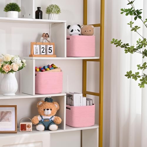 3 Pack Cube Storage Bin, 9”x9”x7” Cotton Rope Woven Baskets for Organizing Toys Clothes Towels, Square Gift Storage Baskets for Shelves, Nursery, Closet, Bathroom, Pantry (Pink) - color: Pink, size: 9" x 9" x 7"