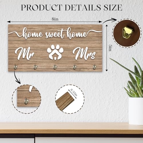Wooden Key Holder - Mr & Mrs Wall Mounted Key Holder Rack Organizer Hanger with 5 Hooks for Wall Express Love Art Decor for Entryway Front Door Hallway Office(5 x 8 inch) - A03 - color: Mr & Mrs