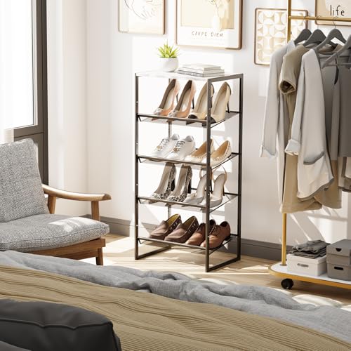 Garden 4 you Shoe Rack for Closet Narrow 5 Tiers, Small Shoe Rack with White Wooden Tabletop, Adjustable Metal Shoe Shelf for Closet Entryway Hallway Living Room - color: White, size: 5-Tier