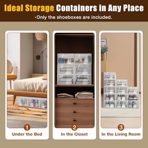 24 Pack Shoes Storage Boxes - Clear Plastic Foldable Stackable Shoe Organizer Containers Bins Holders for Closet Bedroom Small Space, 33x23x14 cm