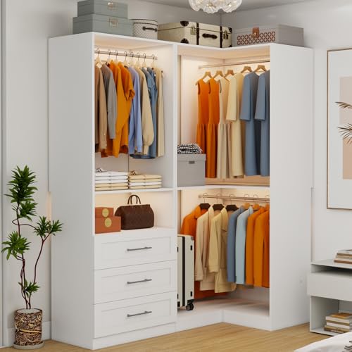 Closet System with 3 Wooden Drawers, 4.5-6FT Corner Closet Organizer System for Walk in Closet, Heavy Duty Modular Closet Systems, Built-in Shelving System with 5 Hanging Rods, 2-Piece Set - color: SL0709