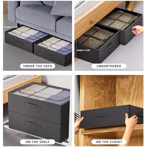 CYhom 3Pcs Under Bed Storage Bins with Metal Frame - Shoe Organizer for Closet with Clear Cover Oxford Fabric Sturdy Underbed Container Foldable Stackable Clothes Organizer (Black, 23.5x15.7x6.3) - color: Black, size: 23.5x15.7x6.3