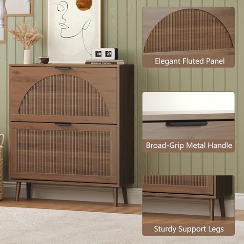 BORNOON Shoe Cabinet for Entryway with 2 Flip Drawers, Slim Wooden Shoe Storage Organizer with Modern Fluted Pannel，Freestanding Narrow Hidden Shoe Rack for Hallway, Foyer, Living Room - color: Walnut, size: 2 Flip Drawers