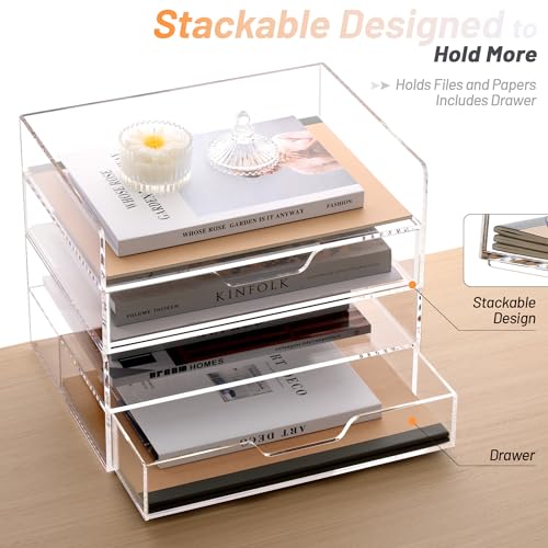 SANRUI 2-Tier Paper Letter Tray Organizer with Sliding Drawer,Stackable Desk Organizer,Acrylic Paper Tray for Office,Home or School,Clear - style: 2 Tier Horizontal File Tray with Drawer