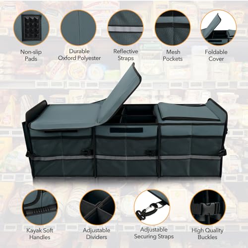 HEYTRIP Large Trunk Organizer With Built-in Leakproof Cooler Bag, 2 Tie-Down Straps, 4 Removable Dividers, Foldable Cover, Built with 2mm PE Board, Gray - color: Gray