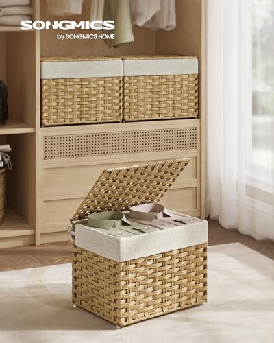 SONGMICS Storage Basket with Lid, Woven Blanket Storage Bin with Handles, Foldable, Removable Liner, Metal Frame, for Bedroom, Laundry Room, 9.2 Gallons (35 L), Natural URST040YE01 - color: Natural, size: 35 L