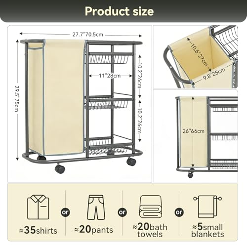Narrow Laundry Cart with Wheels,3 Baskets and 45L Laundry Bag Metal Rolling Cart for Small Space,Laundry Room Organization and Storage for Bathroom Living Room Apartment Dorm