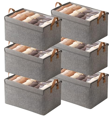 AARAINBOW Closet Clothes Organizer Bins 6 Pc, Fabric Box Storage Shelf Bins Stackable, Foldable Closet Shelf Storage Container with Lid, Fabric Storage Bin with Steel Frame, 23L (6 Gray with Lid) - color: 6 Gray with Lid