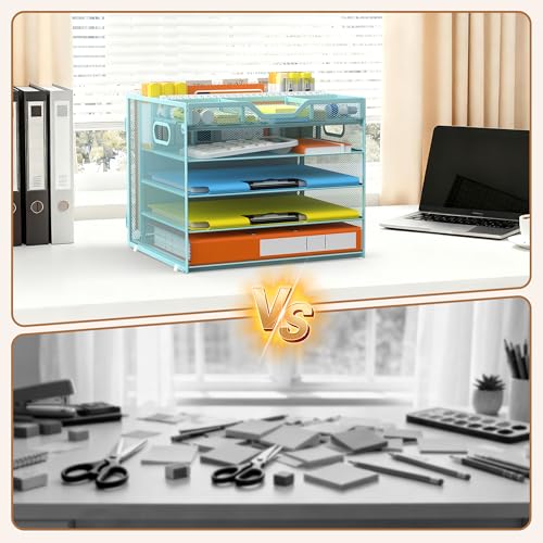 Docnest 5 Tier Letter Tray with Hanging File Organizer-Mesh Desk Organizer-Desktop Storage Box Built in Pen Holder and Handles, File Folder Holder for Mail Documents Office Supplies-Blue - color: 5 Tier Hanging File Organizer-Blue
