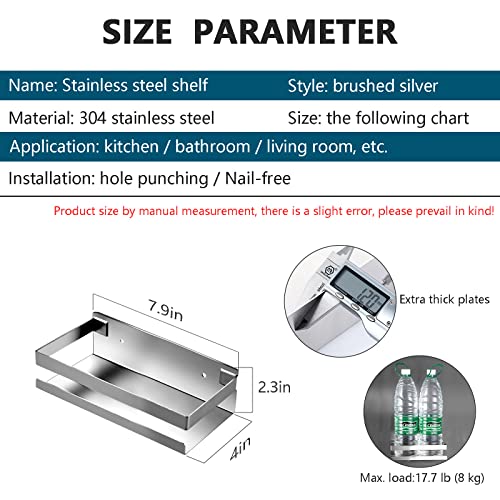 Rustproof Metal Storage Floating Shelves Wall Mounted Rectangular Shelf for Bedroom,Bathroom, Living Room, Kitchen, and Laundry Room,Nail-Free Wall-Mounted Shelves（7.9 Inch Silver） - color: Silver, size: 7.9in（20cm)