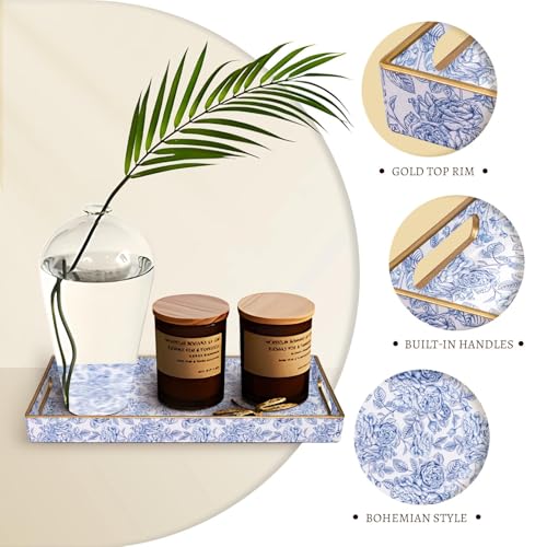 MAONAME Plastic Vanity Tray, Narrow Bathroom Counter Tray, Blue Decorative Trays with Handles, Storage Dresser Trays Organizer for Toilet Tank, Jewelry, Makeup, 13.8" x 6" x 1.57" - color: Bohemian-9