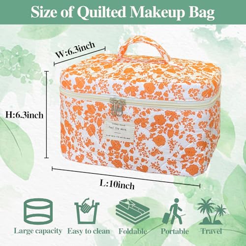 Orange Large Quilted Floral Makeup Bag Cute Soft Coquette Aesthetic Cosmetic Bag Cotton Travel Toiletry Bag for Women - color: A-Orange