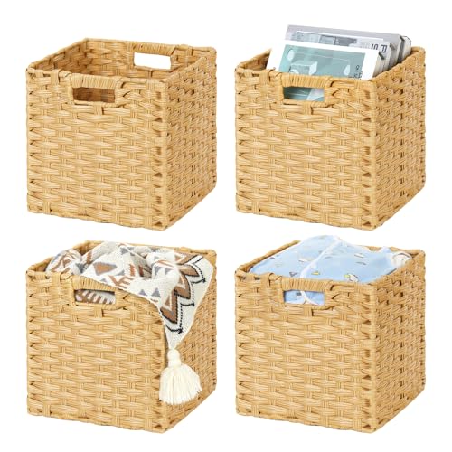 DULLEMELO Wicker Storage Cube Set - 11 Inch Wicker Baskets with Handles for Organizing Shelves, Natural - Set of 4 - color: Natural, size: 11"-4 pack