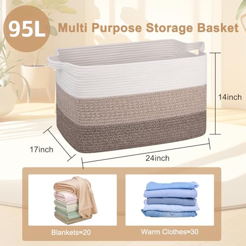 OIAHOMY Extra Large Blanket Basket, 95L Cotton Rope Woven Laundry Basket, Toy Bin for Baby Room, Container for Blanket Storage in Living Room, 24''×17''×14'', Gradient Brown - color: Gradient Brown, size: 95L