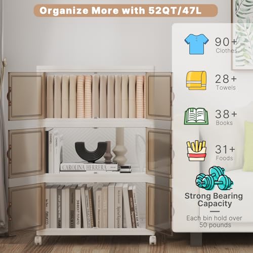 UAMFURI Stackable Storage Bins with Lids 144QT-48QT*3Pack Folding Storage box with Doors and Wheels, Collapsible Plastic Bins Stackable Organizer and Containers for Home, Garage, Office - color: white, size: 3PACK-20"W12"D34"H