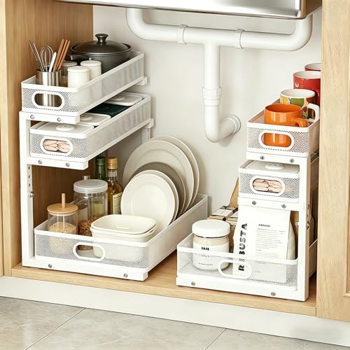 2 Pack Under Sink Organizer, 3-Tier Pull Out Kitchen Cabinet Organizer, Height Adjustable Metal Slide Out Bathroom Storage Makeup Drawer Rack for Bedroom Office Laundry Pantry Home Organization, White - color: 3-Tier- White, size: 2-Pack