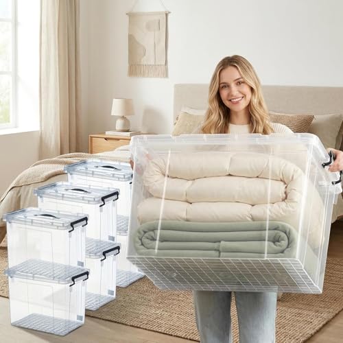 90 QT 6-Pack Heavy-Duty Stackable Clear Storage Bins with Lids - Premium Clear Plastic Organizing Containers for Home, Office, BPA-Free, Pull Handles and Secure Latches - style: 90 QT 6-Pack
