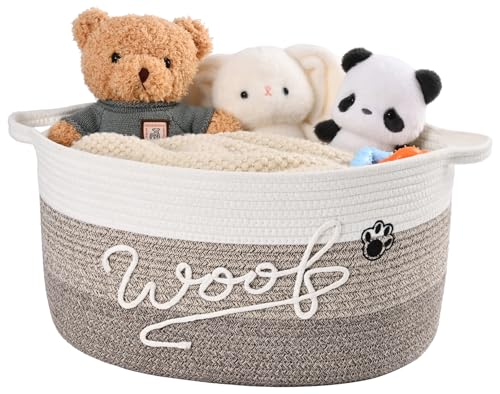 Woof Dog Toy Basket with Handles, Large Dog Toy Storage Bin with Paw Print, Woven Dog Basket for Blankets, Toys, Chews, Pet Toy Box for Nursery, Living Room, Bedroom, 17”x12”x9, Brown - color: Brown
