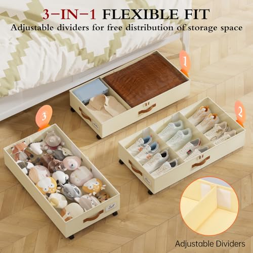 Yecaye Under Bed Storage with Wheels, 4 Pack Under Bed Storage Containers with Adjustable Dividers & Clear Window, Rolling Underbed Organizer Bins Drawers for Clothes, Shoes, Blankets, Beige - color: Beige, size: Large(4Pack)