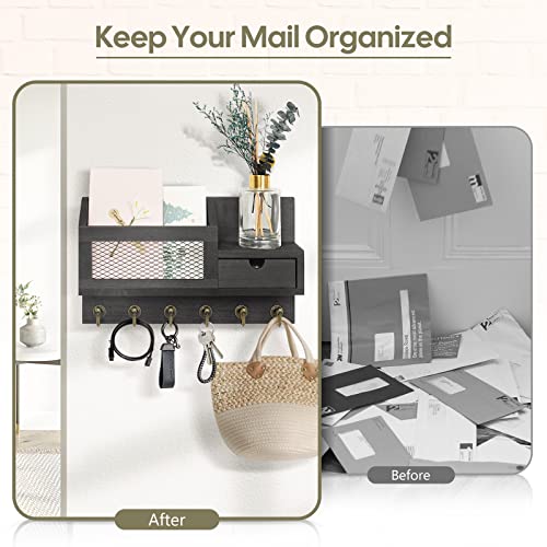FifthQuarter Key and Mail Holder for Wall, Mail Organizer Wall Mount with 6 Hooks and Storage Drawer, Easy Installation Key Rack for Entryway and Home Decor (B-Black) - color: B-Black