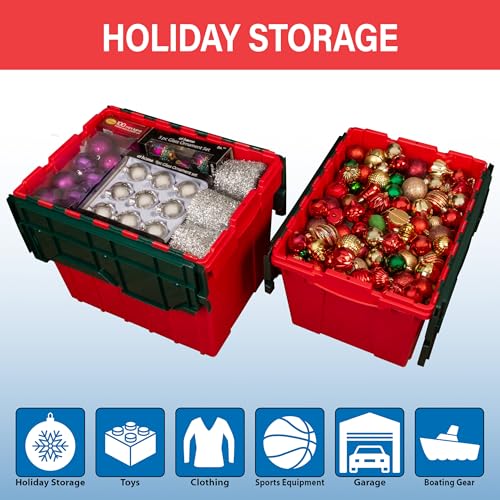 Akro-Mils KeepBox 18 Gallon Storage Container, Nesting and Stackable Plastic Storage Box with Lid Attached, Organizer Tote for Garages, Closets, and Moving, 21" x 15" x 17", Red/Green - color: Red/Green, size: 18 Gallons