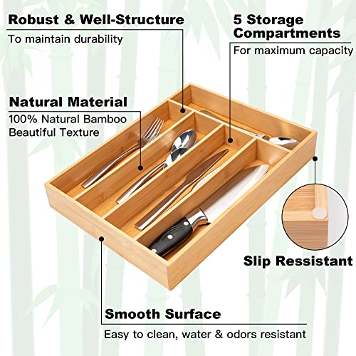 Besilord Silverware Organizer Kitchen Drawer Organizer Utensil Organizer Bamboo Silverware Holder Cutlery Organizer in Drawer Flatware Organizer Tray(5 slots, Natural - color: Natural, size: 5 Slots