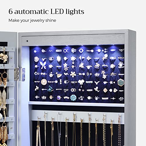 SONGMICS 6 LEDs Mirror Jewelry Cabinet, 47.2-Inch Tall Lockable Wall or Door Mounted Jewelry Armoire Organizer with Mirror, 2 Drawers, 3.9 x 14.6 x 47.2 Inches, Gray UJJC93GY - color: Gray