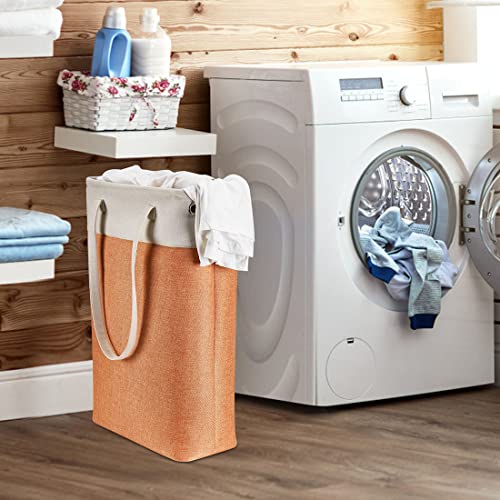 i BKGOO Laundry Basket with Handles Beige&Orange Slim Laundry Bin Collapsible Dirty Clothes Basket Narrow Laundry Bag Foldable Dirty Hamper for Camping, Dorms, Apartments - color: Beig&Orange