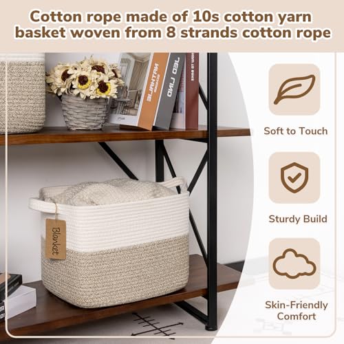 Goodpick Woven Storage Basket, Cotton Rope Basket for Dog Toys, Books, Stylish Gift Basket with Handles, 13 x 10 x 9 Inches Square Baskets for Organizing, Brown and White - color: Light Brown, size: 13"L x 10"W x 9"H
