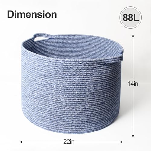 Extra Large Blue Baskets for Organizing, Blanket Storage for Living Room, Woven Laundry Storage Basket, Cotton Rope Bin for Toy, Cloth, Towel, Shoe, Pillow, Decorative Wicker Blue Room Decor - color: Blue