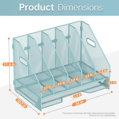Docnest Desk File Holder Sorter, 5 Vertical Compartments Rack with Letter Tray, Mesh Magazine File Holder with Handle,Workspace Organizers,Desk Organizers for Paper, Mail, Documents-Blue - color: Blue-5 Compartments