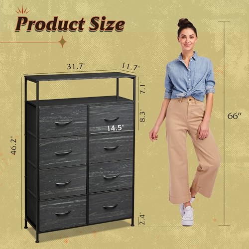 WLIVE Fabric Dresser for Bedroom with Open Shelves, Tall Dresser with 8 Drawers, Storage Tower with Fabric Bins, Chest of Drawers for Closet, Living Room, Hallway, Charcoal Black Wood Grain Print - color: Charcoal Black Wood Grain Print, style: Raised She