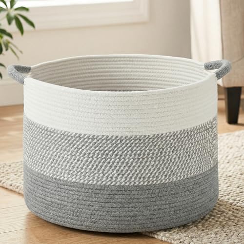 Artfeel 70L Large Cotton Rope Basket, Decorative Woven Blanket Storage for Living Room, Boho Toy Storage & Toy Box for Kids, Versatile Laundry Basket & Nursery Hamper for Blankets(Grey) - color: Grey, size: 70L