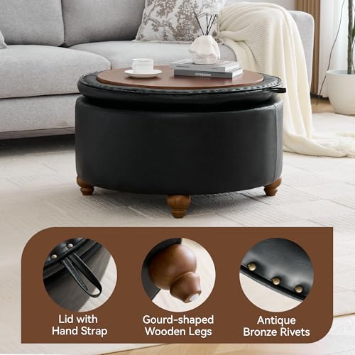 WUTUTUEE 30Inch Round Storage Ottoman with Tray, Modern Tufted Leather Circle Coffee Table with Storage, Upholstered Ottoman with Removable Top for Living Room, Bedroom, Leather Black - color: Leather Black, size: 30 Inch