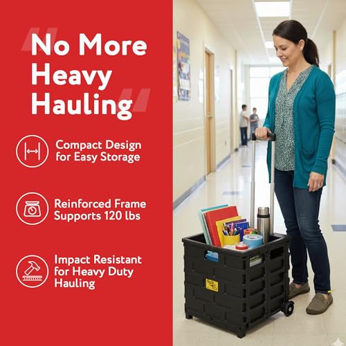 dbest products Quik Cart Pro Wheeled Rolling Crate Teacher Utility with seat Heavy Duty Collapsible Basket with Handle, Aluminum, Black - color: Black, style: Pro