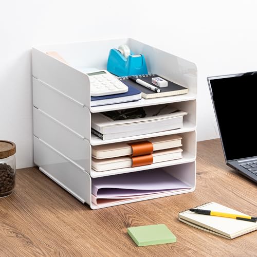Tiawudi Desk Organizer, Office Organization and Storage, Plastic Letter Tray, Stackable File Organizer for Classroom, Home, Documents, Notes, Folders, Books and Pens, 4 Tier - color: White