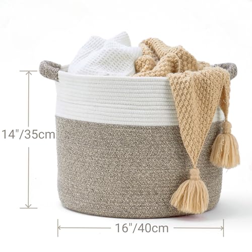 Blanket Basket - Woven Round Rope Storage Basket (16"Wx14"H) for Blankets & Throws, Small Laundry & Toy Organizer, Decorative Living Room & Bedroom Cotton Basket - White & Brown - color: White & Brown, size: Regular-16"Wx14"H