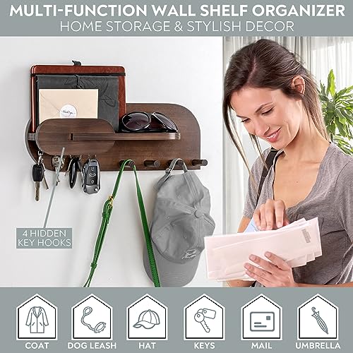 Solid Wood Mail and Key Holder for Wall Decorative Display - Includes Mail Holder, Shelf with Hooks for Keys & Pegs for Hanging Hats, Coats, Bags, Backpacks & More - Sleek Modern Design, Walnut Brown - color: A-Brown