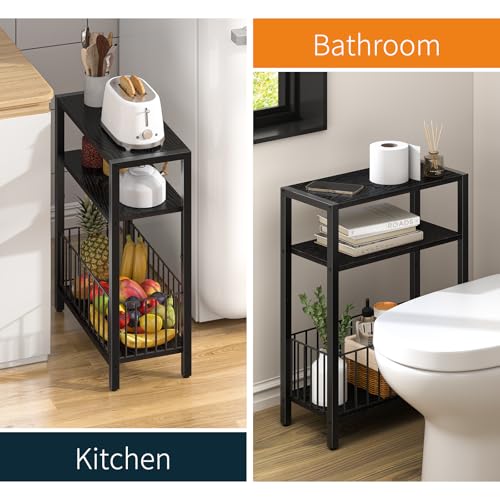 Yoobure Narrow Side Table with Storage Basket, Small End Table for Small Spaces, Skinny Side Tables Living Room Bedroom Office, Slim Nightstand 3 Tier Bedside Table Space-Saving for Magazine, Black - color: Black