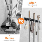 JAMEND CLXP Broom Hanger and Mop Holder, Heavy Duty Garden Tool Organizer Rack Rake and Shovel Handle, Stainless Steel Wall Mounted Utility Rack with Screws (3 Racks with 4 Hooks, Matte Black). - color: 1 Pack, size: 3R4H