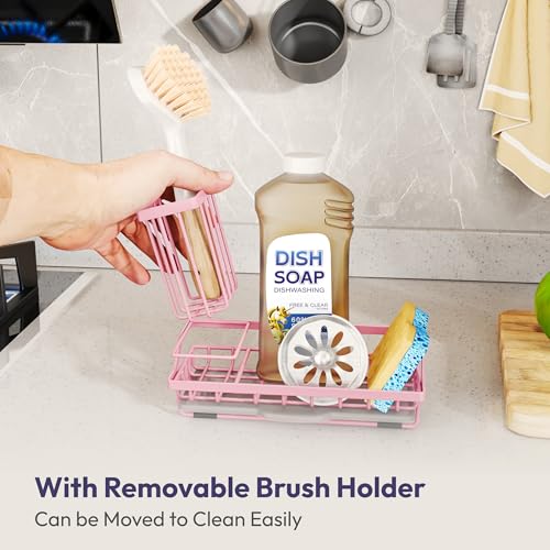 SWTYMIKI Sink Caddy Sponge Holder - Kitchen Sink Organizer with High Brush Holder for Countertop to Hold Dish Soaps and Sponges, Stainless Steel, Pink - color: Pink, size: Medium
